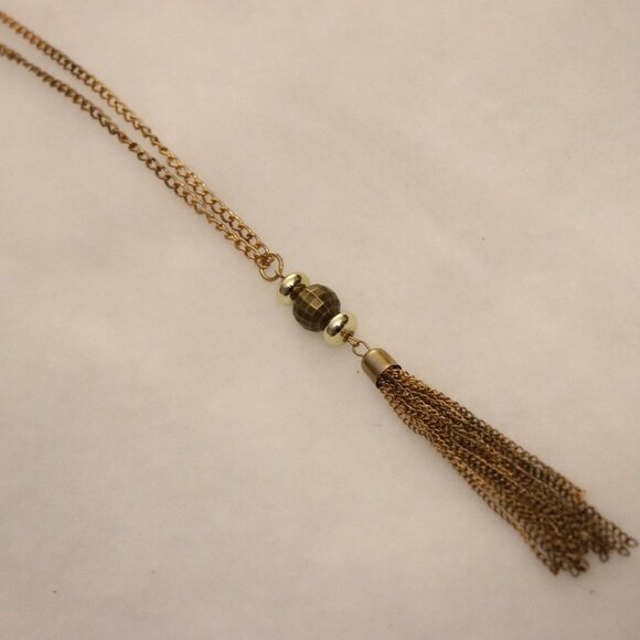14" Gold chain tassel and ball beads on long vintage style necklace, 1920s party - Picture 3 of 5
